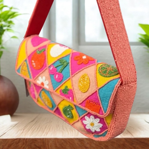 NWT - America & Beyond Beaded Daisy Cherry Summer Tropical Embellished Bag Purse - Picture 3 of 8